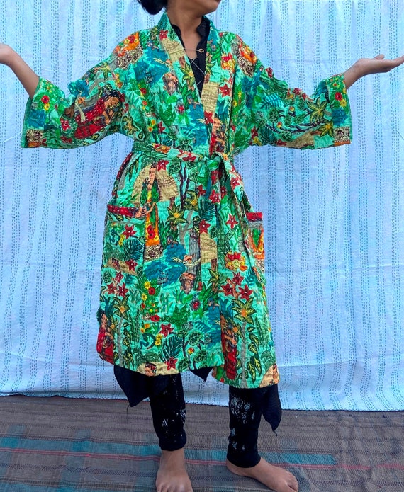 Blue Patchwork Japanese Kimono Jacket Style Kantha Quilted Bathrobe Winter  Gown