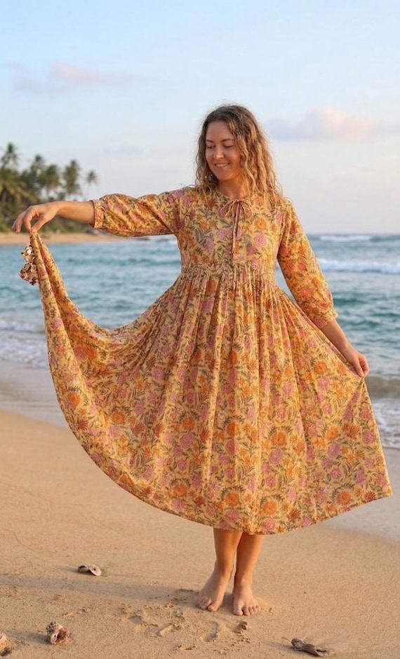 Floral Block Print Kyra Midi Dress | Bohemian Cotton Dress for Women | Dresses for Women | String Closer Dress | Short Long Dresses, Gifts