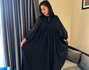 Black Midi Dress, Mini Dress, Solid Black Long Dress, Deep