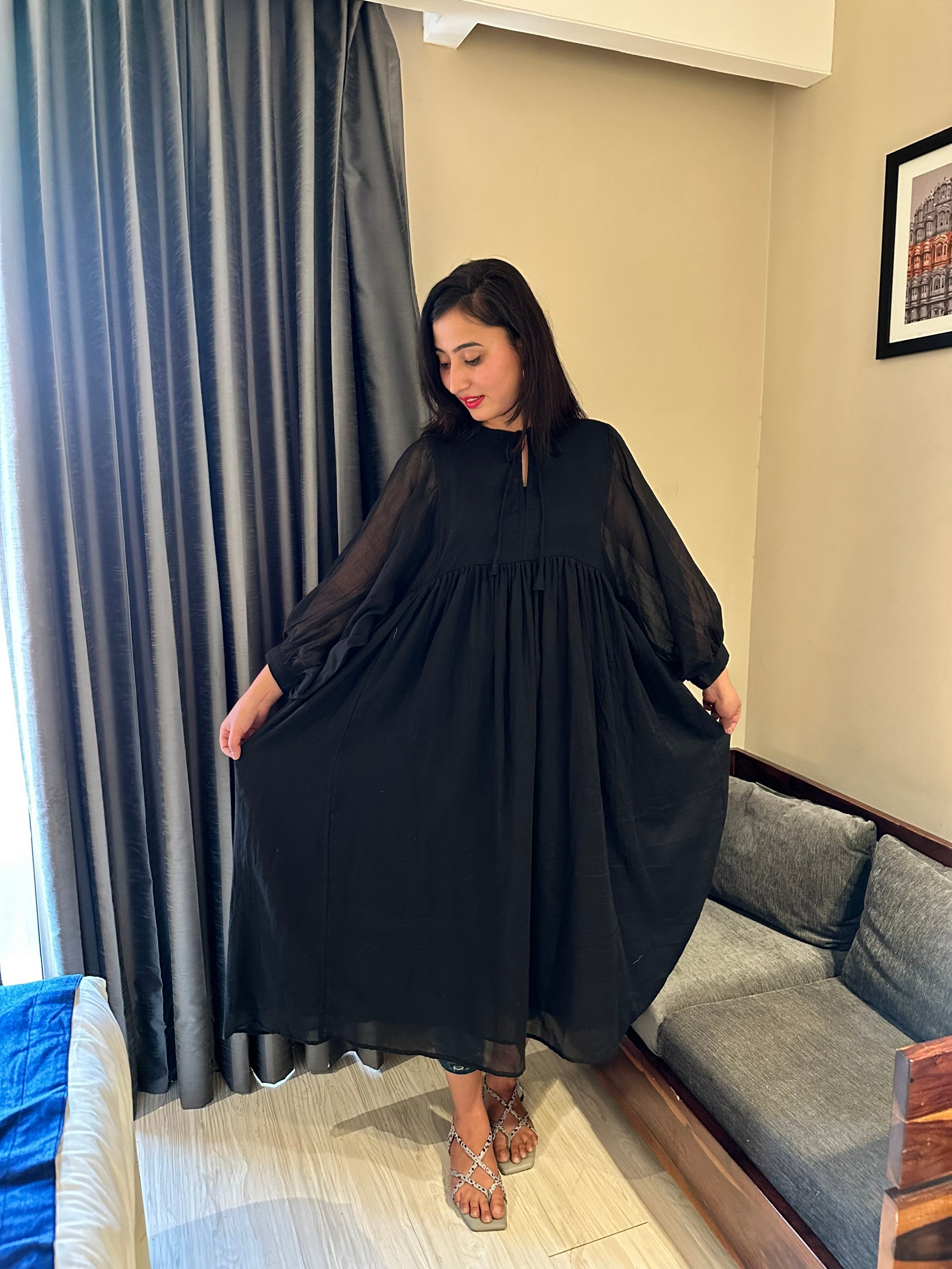 midi black gauze dress pockets The Gauze Open-Back Dress main image 1