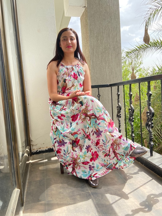 White Paradise Bird Print Sleeveless Long Dress, Boho Dress, Dress for Women