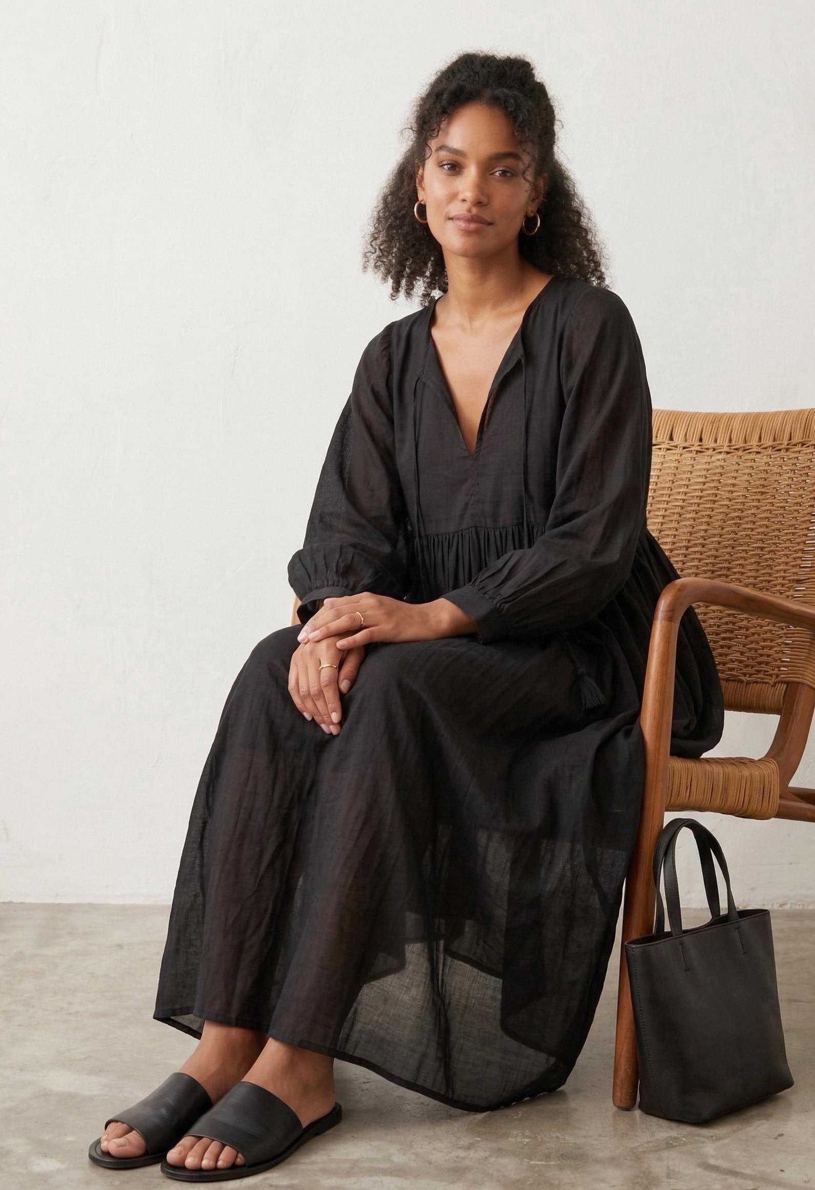 Solid Black Cotton Maxi Dress for Women - Boho Long Sleeve Dress - Relaxed Fit V-Neck Summer Gown - Oversized Flowy Peasant Dress Solid Black Cotton Maxi Dress for Women - Boho Long Sleeve Dress - Relaxed Fit V-Neck Summer Gown - Oversized Flowy Peasant Dress