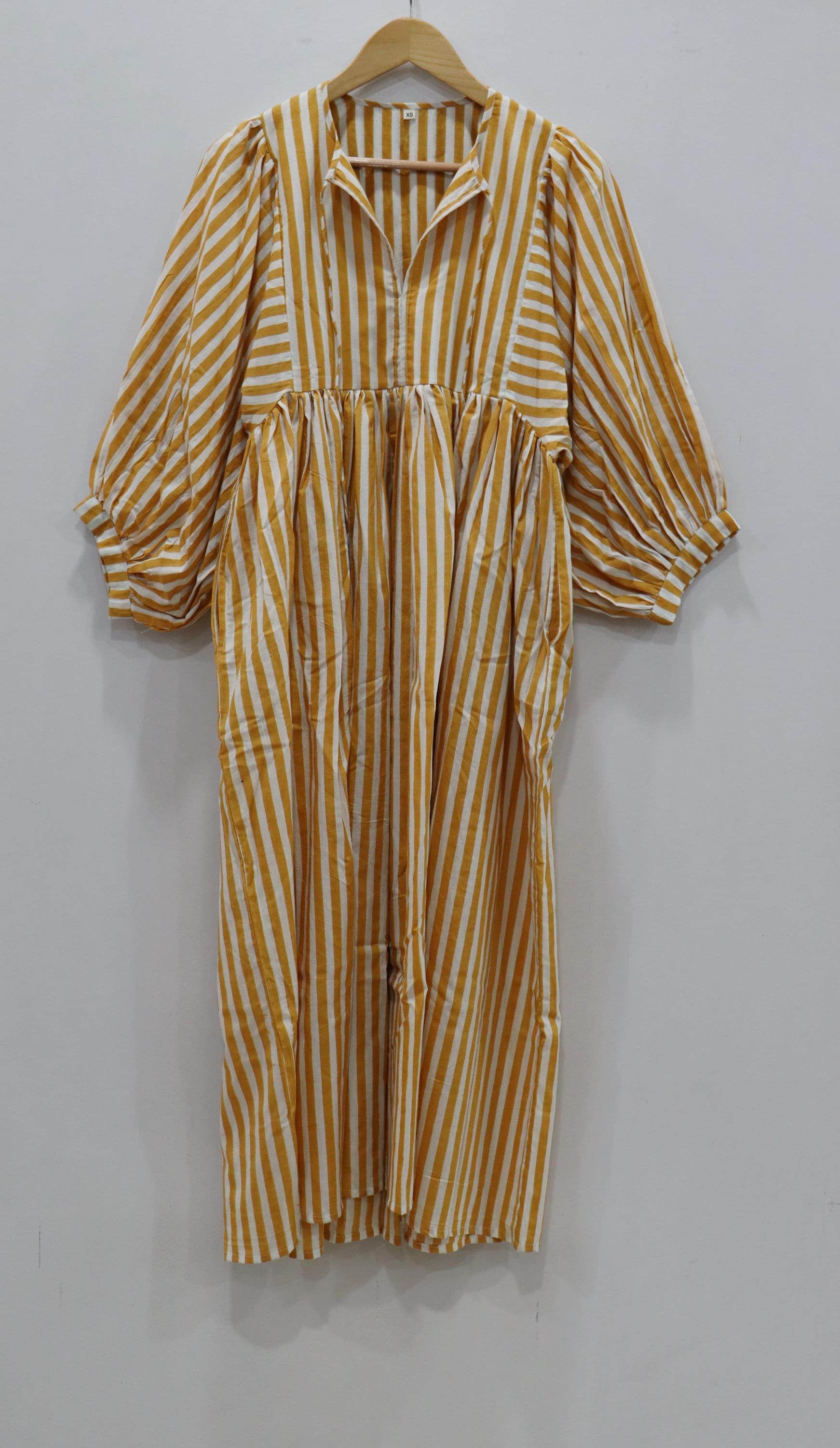 Block Print Midi Dress, Mini Dress, Striped Long Block Print Dress, Deep Neck with string closer
