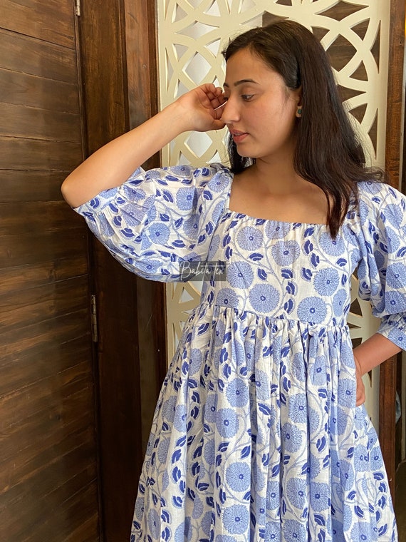 knee length dresses for ladies Sky-Blue Square Neck Puff-Sleeve Midi Dress – trinarosh main image 1