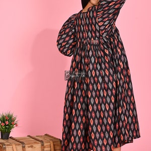 Midi Dress, Mini Dress, Ikat Long Block Print Dress, Deep Neck with string closer image 7