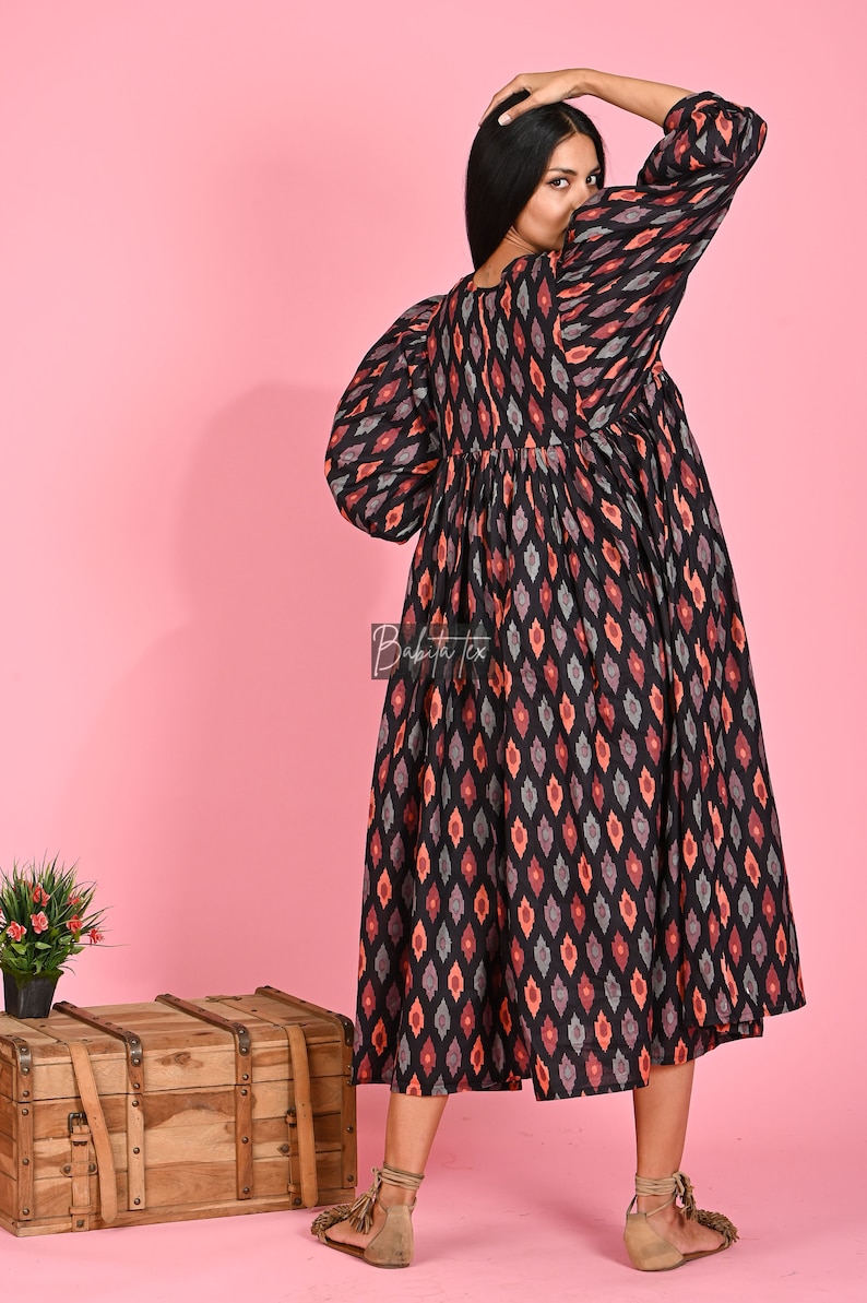 Midi Dress, Mini Dress, Ikat Long Block Print Dress, Deep Neck with string closer image 7