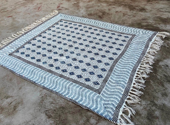 Wood Hand Block Printed Khadi Cotton Blanket Dhurrie Rug Handmade Boho Picnic Rug Hand Woven Beach Throw With Fringes