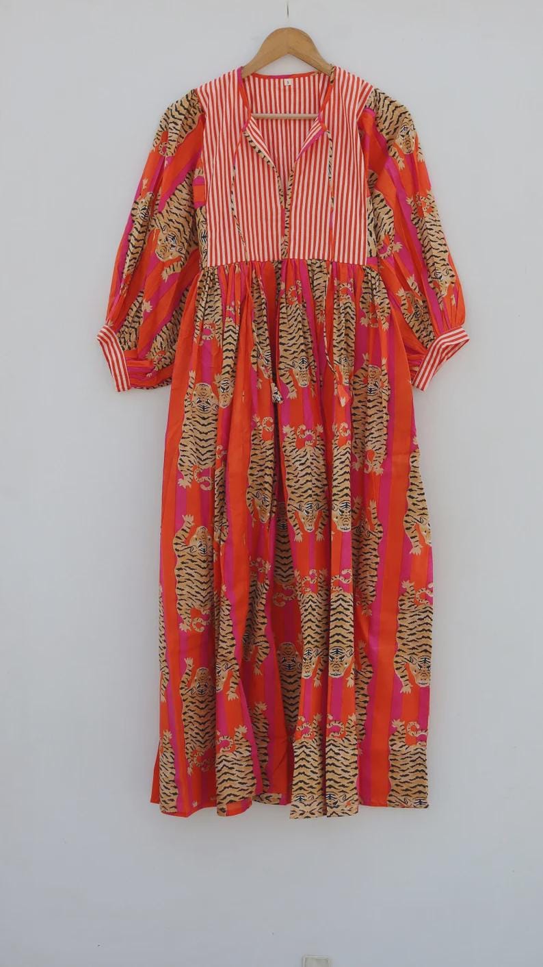 Stripes Tiger Midi Dress, Mini Dress,  Long Block Print Dress, Deep Neck with string closer