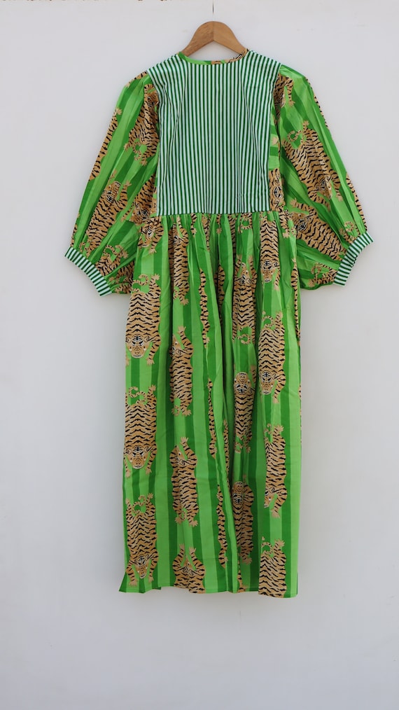 Lime green Tiger Midi Dress Mini Dress Long Block Print Dress Deep Neck with string closer