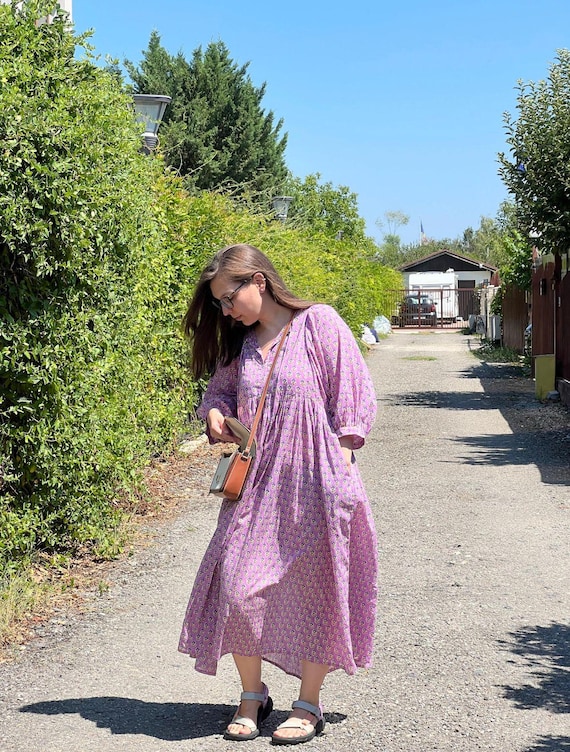 Purple Floral Hand Block Print Cotton Midi Dress, Long Sleeve Boho Tiered Gown, Jaipur Artisanal Summer Dress, Lilac Cotton Dress...