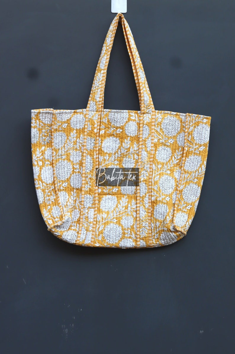 Handmade Quilted Tote Shopping Bag, Floral Print Cotton Market Bag, Jhola Bag, Hippie Bag, Market Bag image 6