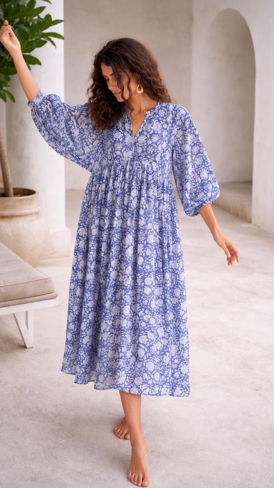 blue floral cotton dress Blue Floral Cotton Midi Wrap Dress With Puff Sleeves L