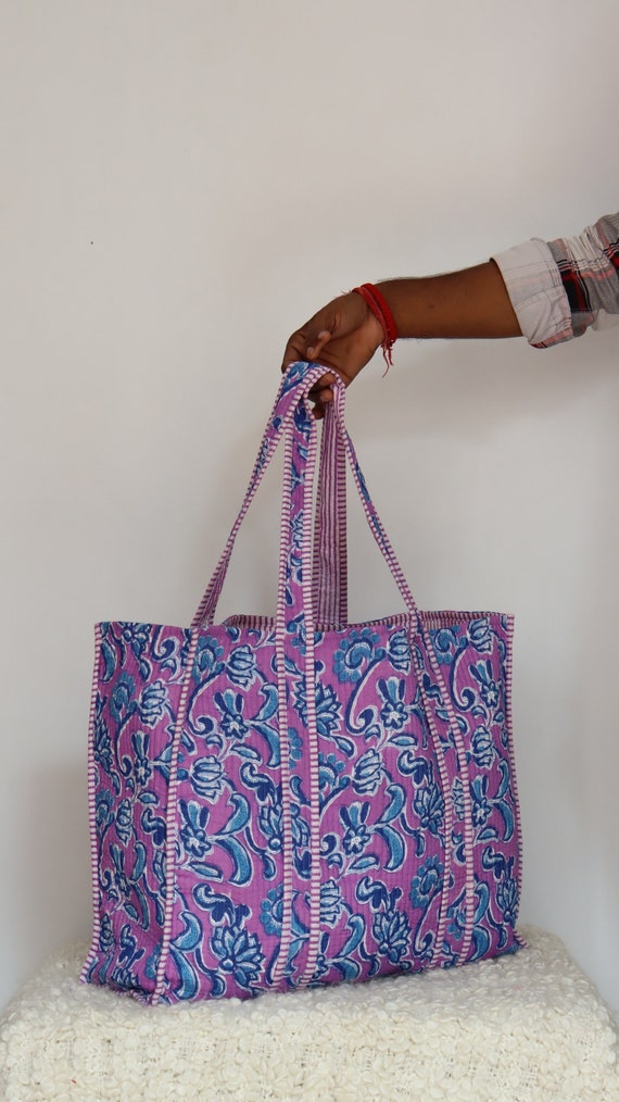 Handmade Quilted Tote Shopping Bag, Floral Print Cotton Handmade Quilted Tote Shopping Bag, Floral Print Cotton