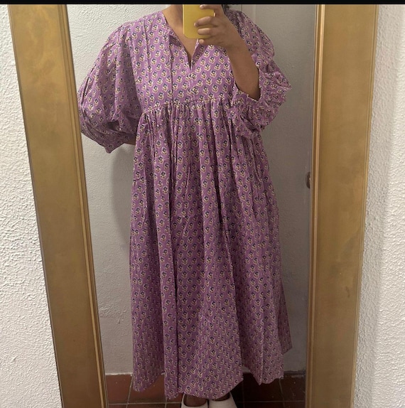 purple block print dress Purple Floral Hand Block Print Cotton Midi Dress, Long Sleeve Boho Tiered Gown, Jaipur Artisanal Summer Dress, Lilac Cotton Dress