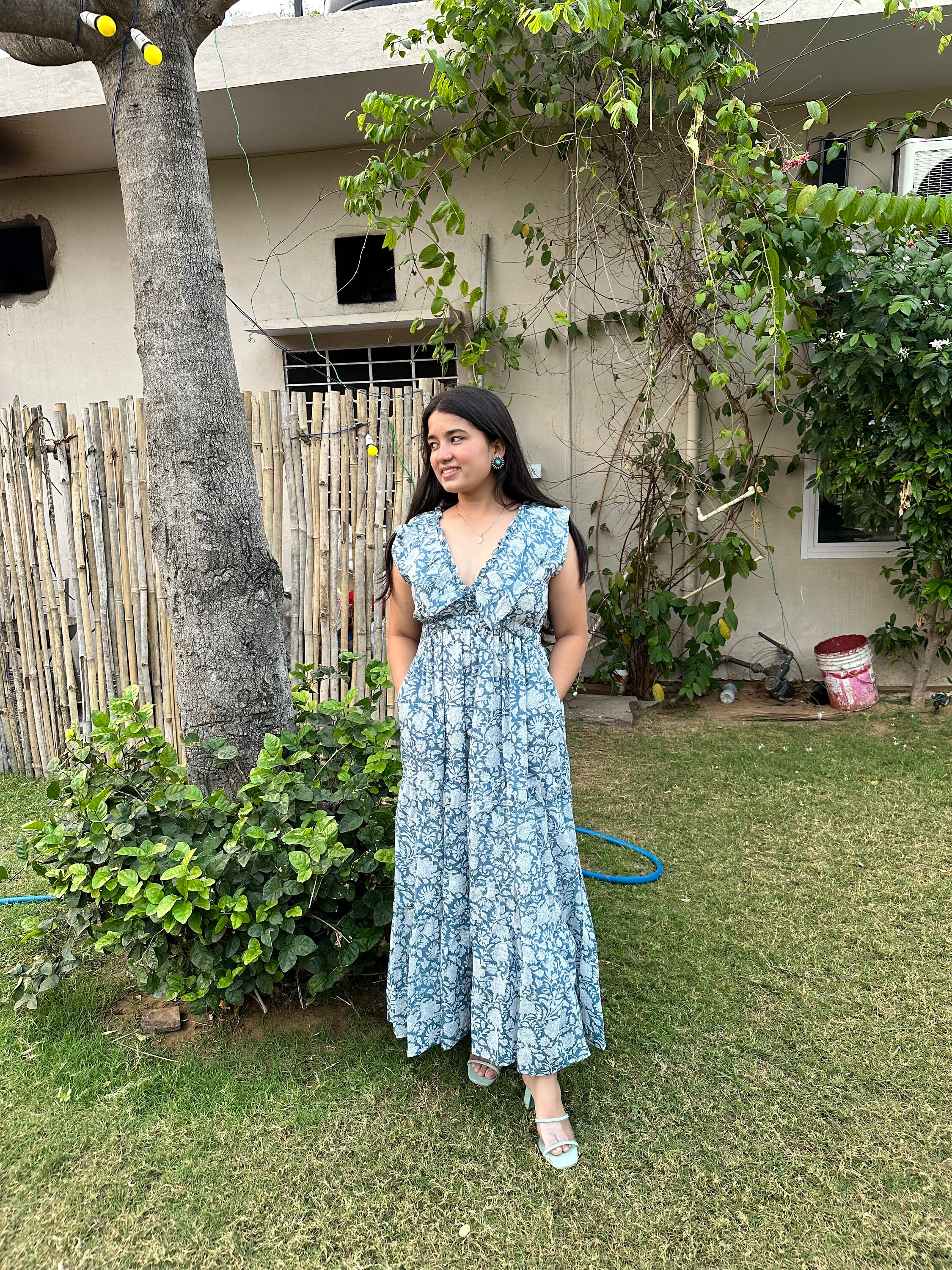 Floral Block Print Midi Dress, Deep Neck Cotton Gauze Summer Dress Floral Block Print Midi Dress, Deep Neck Cotton Gauze Summer Dress