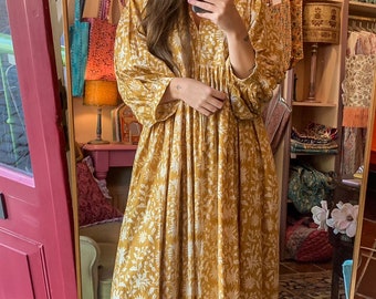 Floral Block Print Cotton Gauze Midi Dress, Deep Neck