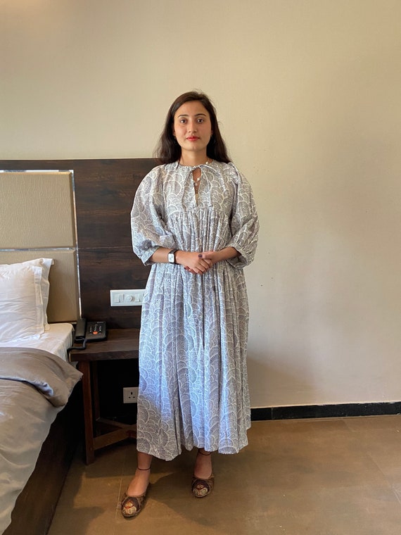 Block Print Cotton Gauze Maxi Dress, Puff Sleeve Boho Gown - Etsy