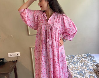 Floral Hand Block Print Cotton Midi Dress: Bohemian Kyra Style