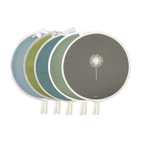 May include: Set of five round pot holders in different colours and designs. The pot holders are made of fabric and have a white trim. One pot holder features a white dandelion design on a grey background.