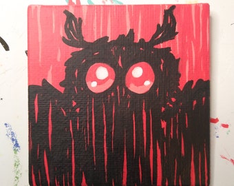 Könnte beinhalten: Ein schwarzes und rotes Gemälde eines Monsters mit großen, roten Augen. Das Monster ist mit einem pelzigen, schwarzen Körper und einem roten Hintergrund dargestellt.