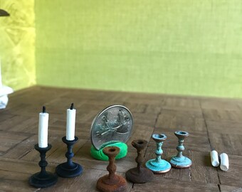 12 Dollhouse Miniature Candles with Pink Candlestick Holders Glass BD H189 1