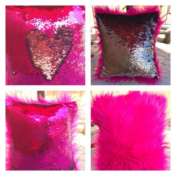 sequin color hot pink pillow furry STUFFED Hot Pink GLITTER Throw Pillow