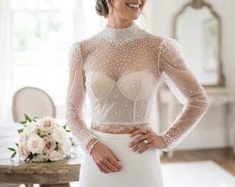 Sheer Crystal Wedding Dress Bodysuit #21,Sparkling Crystal Long Sleeves Bridal Topper,Beaded Long Sleeve Wedding Dress Topper, Beaded Bolero