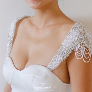 Crystal Bridal Cap Sleeves #606, Pearl Shoulder Bridal Cap Sleeves,Rhinestone Cap Sleeves, Beaded Wedding Straps, Custom Pearl Bridal Straps