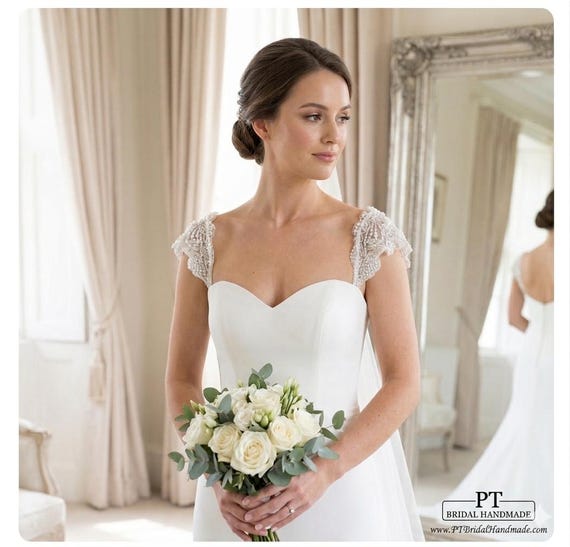 Beaded Pearl Cap Sleeves Wedding Dress #67, Custom Cap Sleeves, Beaded Shoudler Sleeves , Pearl Bridal Straps, Wedding Dress Shoudler Straps