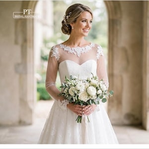 wedding dress long sleeve cover up Long Sleeve Illusion lace Top Detachable Overskirt Wedding Dresses, AB AlineBridal