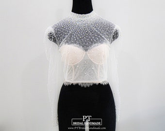 Crystals Wedding Dress Topper #217,Glitter Bridal Dress Topper,Sparkling Long Sleeves Bridal Topper,Beaded Long Sleeve Wedding Dress Topper