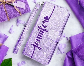 Purple Glitter Wallet Phone Case: Personalized Card Holder