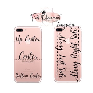 May include: A pink iPhone case with a white border and a black outline showing different text placement options. The text on the case reads "Font Placement Handmade by TM", "Up Center", "Center", "Handmade by TM", "iPhone", and "Bottom Center". The text on the other case reads "longways", "Along Left Side", "Along Right Side", and "Phone".
