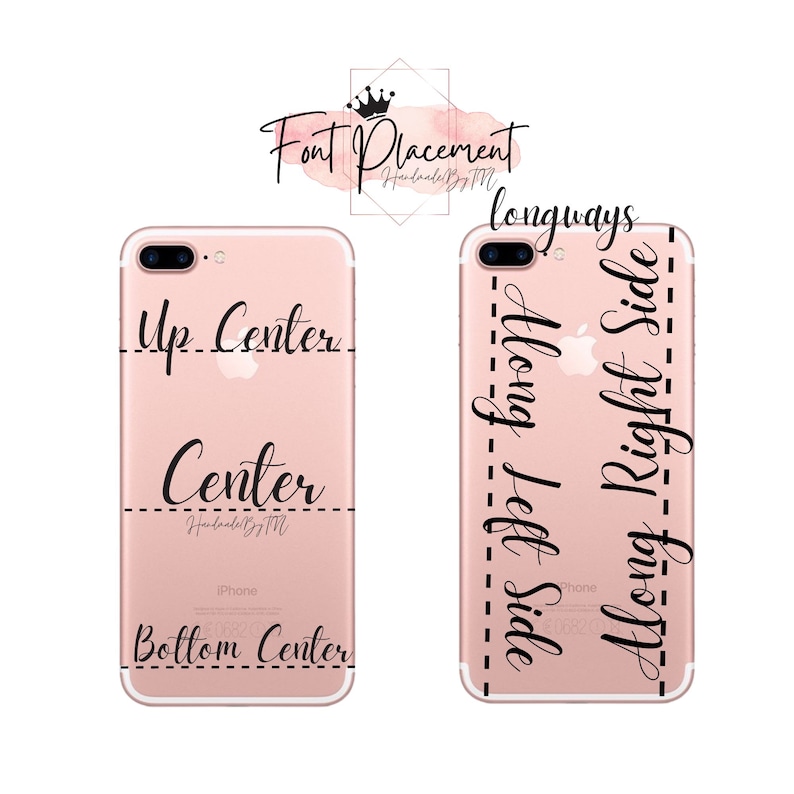 May include: A pink iPhone case with a white border and a black outline showing different text placement options. The text on the case reads "Font Placement Handmade by TM", "Up Center", "Center", "Handmade by TM", "iPhone", and "Bottom Center". The text on the other case reads "longways", "Along Left Side", "Along Right Side", and "Phone".