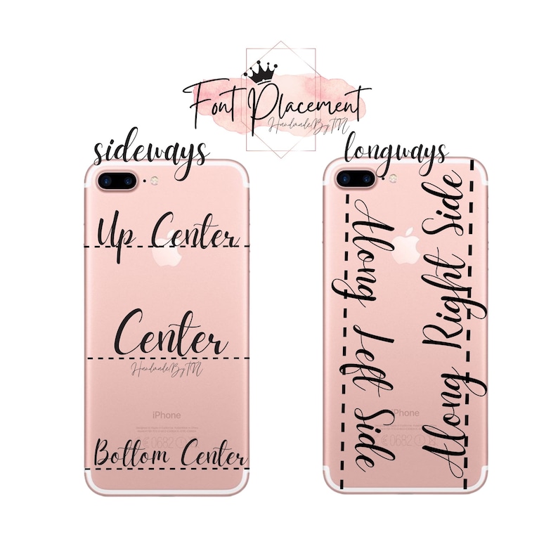 May include: Two images of a rose gold iPhone case with different font placement options. The first image shows the text "Up Center", "Center", and "Bottom Center" on the case. The second image shows the text "Along Left Side" and "Along Right Side" on the case.