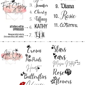 May include: A graphic design image with a list of names and a list of add-ons. The names include: Marrie, Sylvia, Jennifer, Christy, Tiffany, Kathy, LM, Amelia, Diana, Rosie, and Winter. The add-ons include: Crown, Paw Prints, Heart, Butterflies, Kisses, Tail, Stars, Ears, Music Notes, Rose, Flowers, and Swirl.