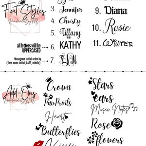 May include: A graphic design sheet with a list of names and font styles. The sheet also includes a list of add-ons, such as a crown, paw prints, stars, ears, music notes, hearts, butterflies, kisses, roses, flowers, and a tail swirl.