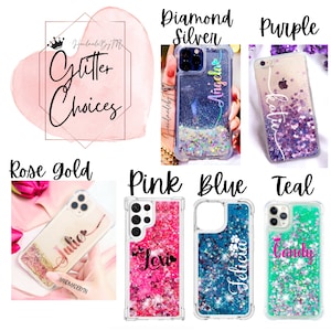 May include: A collection of eight personalized glitter phone cases in various colors, including diamond silver, purple, rose gold, pink, blue, and teal. Each case features a different name and design, such as "Angela", "Katie", "Julie", "Lexi", "Felicia", and "Candy".