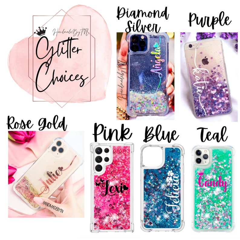May include: A collection of eight personalized glitter phone cases in various colors, including diamond silver, purple, rose gold, pink, blue, and teal. Each case features a different name and design, such as "Angela", "Katie", "Julie", "Lexi", "Felicia", and "Candy".
