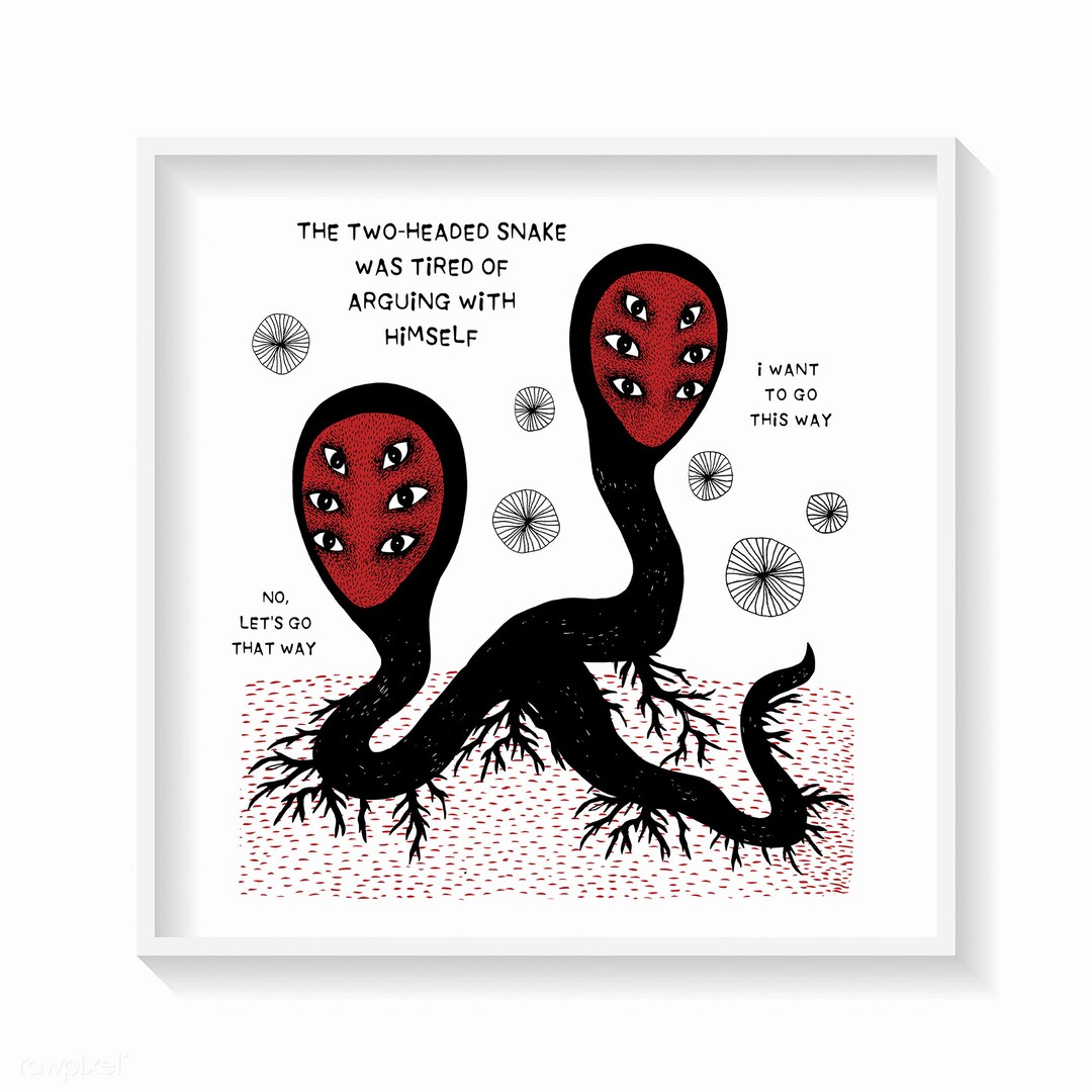 Two Headed Snake Print Illustration Pen Ink Drawing Weird Gloomy Quirky ...