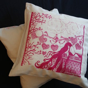Cream Cushion with pink fairy tale design & Rapunzel passage. Beautiful original artwork, hand illustrated, hand made cushion 100% cotton.