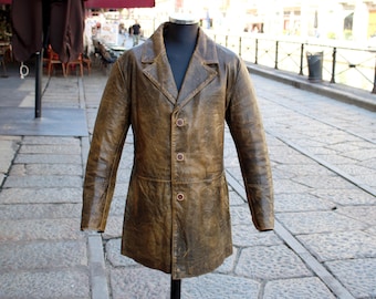 Vintage single-breasted leather trench coat in brown distressed leather, size XL