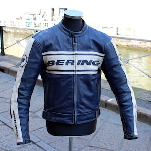 Blouson moto cuir Bering bleu blanc vintage vieilli taille M