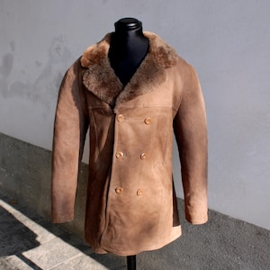 Vintage 70s Double Breasted Men&#39;s Shearling Sheepskin Leather Coat Size XL