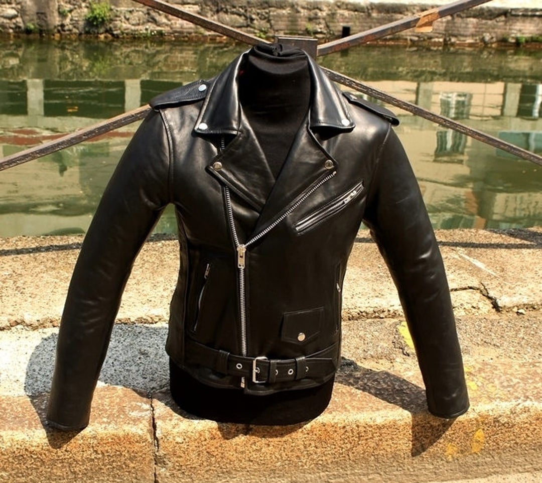 Chiodo biker - Blouson cuir noir motard cuir plongé avec ceinture