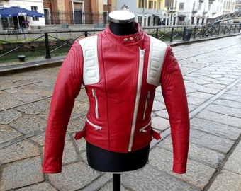 veste de motard en cuir de moto rouge blanc vintage femme taille 44 (M)