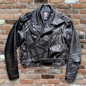 Veste en cuir vintage originale Schuh veste motard années 70 80 taille XL