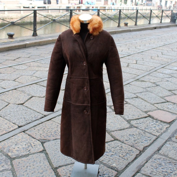 manteau en peau de mouton en peau de mouton brun foncé vintage pour femme taille S