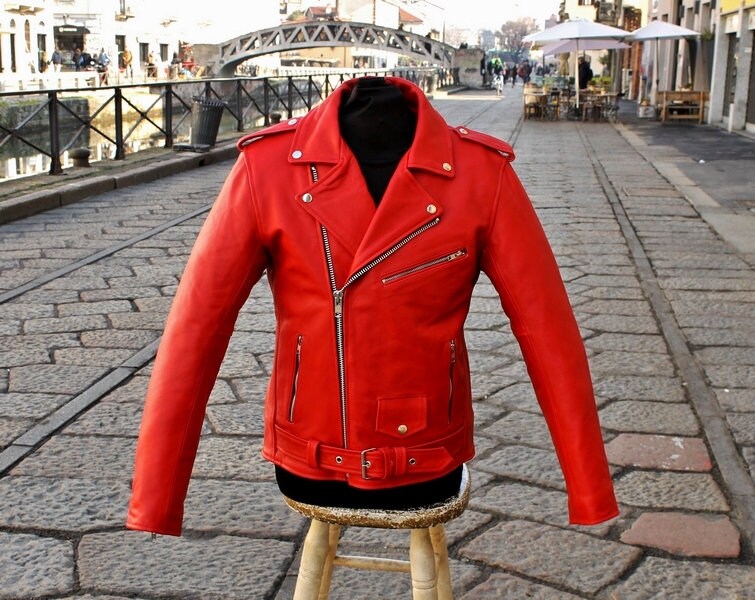 Red Nail Leather Jacket Metal Rock Caferacer Biker Bike Size M 50