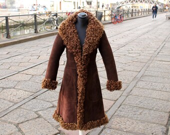 Manteau Vintage En Mouton Retourné - Taille 40/42, Couleur Beige - Occasion Très Bon état